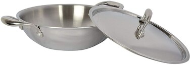 Tabakh Food Grade 32 Liter Induction Friendly Platinum TRI PLY 188 Stainless Steel Kadai wStainless Steel Lid 26cm 32 Litre