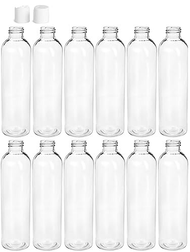 Premium Essential Oil 8 Ounce Cosmo Round Bottles PET Plastic Empty Fillable BPAFree with White Press Down Disc Caps Pack of 12 Clear
