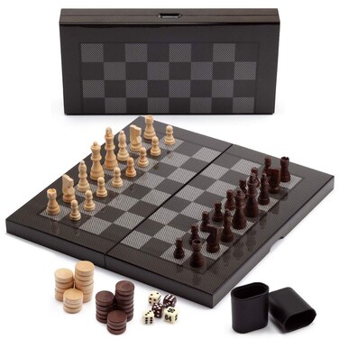 GSE Games  Sports Expert 3in1 Carbon Fiber Tech Folding Chess Checkers and Backgammon Board Game Combo Set Portable Travel Chess Checker Backgammon Set for Kids  Adults