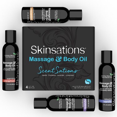 Skinsations  Massage Oil Kit Set of 4 Natural Scents of Vanilla Cinnamon Lavender in a Blend of Sweet Almond Oil Fractionated Coconut Oil Grapeseed Oil  Jojoba Oil Body Oil