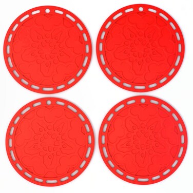 Silicone Hot Pads Set of 4  6 in 1 MultiPurpose Kitchen Tool Pot Holder Splatter Guard Microwave Cover Jar Opener Decorative Trivet Red 8 Inches Includes 121 Cooking Secrets Ebook