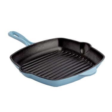 Country Living Enameled Cast Iron Square Griddle Grill Pan with Ridges Helper Handle and Pouring Spouts for Easy Draining Indoor Grilling Skillet 11Inch Blue