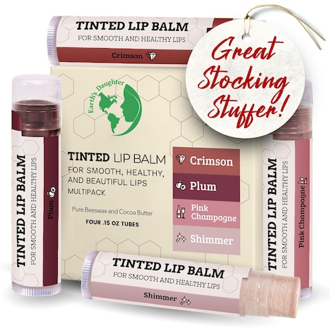 Tinted Lip Balm by Earths Daughter Stocking Stuffers  4 Pack of Assorted Colors  Beeswax Coconut Oil Cocoa Butter Vitamin E  Moisturize and Beautify  Paraben Free