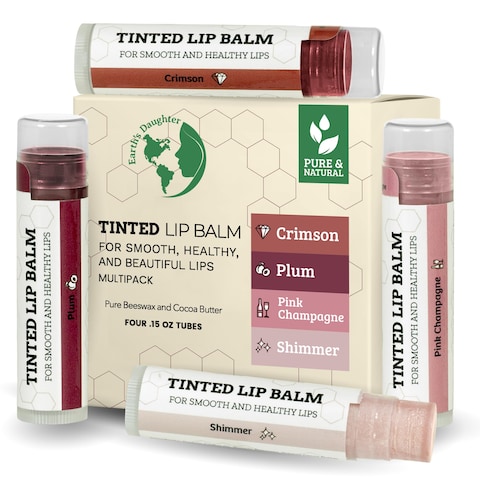 Tinted Lip Balm by Earths Daughter Stocking Stuffers  4 Pack of Assorted Colors  Beeswax Coconut Oil Cocoa Butter Vitamin E  Moisturize and Beautify  Paraben Free