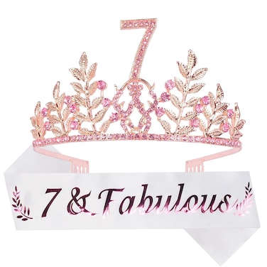 7th Birthday Sash and Tiara for Girls  Fabulous Glitter Sash  Leafs Rhinestone Pink Premium Metal Tiara for Girls 7th Birthday Gifts for Princess Party