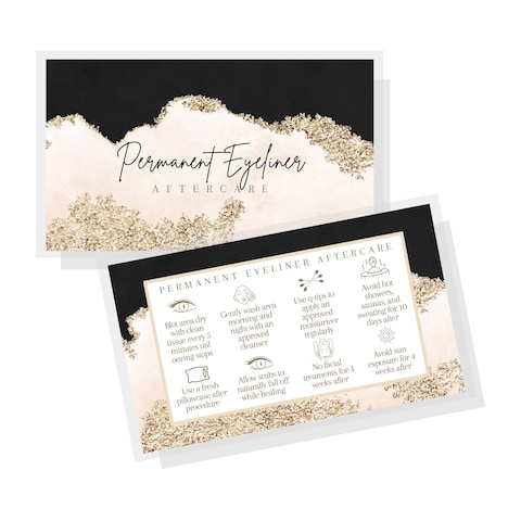 Permanent Eyeliner Aftercare Instruction Cards  50 Pack  2x35 inch Business Card Size  PMU Supplies  Black Pink and Gold Design