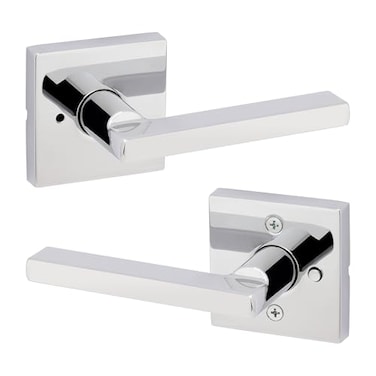 Kwikset Halifax Interior Privacy Door Handle with Lock Door Lever For Bathroom and Bedroom Polished Chrome Reversible Keyless Push Button Lock Door Lever