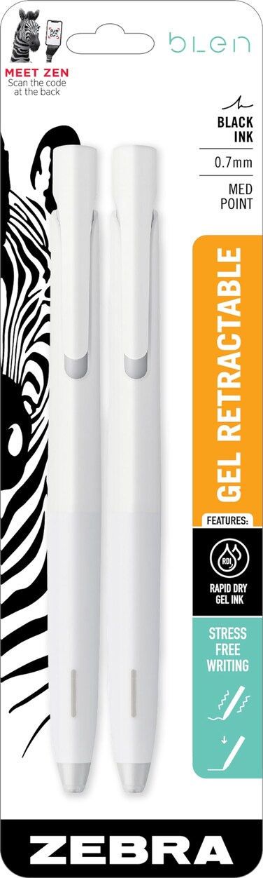 Zebra Pen bLen Retractable Gel Pen White Barrel Medium Point 07mm Black Ink 41402 2Count Pack of 1