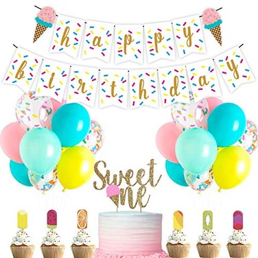 Shalofer Baby Girls Ice Cream Theme Decorations setBaby Girls 1st Birthday Party SuppliesBirthday BannerLatex BalloonConfetti BalloonsCake Toppers Ice Cream