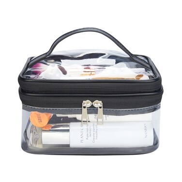 HAOGUAGUA Double Layer Clear Cosmetic Bag Makeup Bag Waterproof Travel Toiletry Bag Transparent PVC Hair  Nail Accessories Pouch Beach Bag Organizer Black