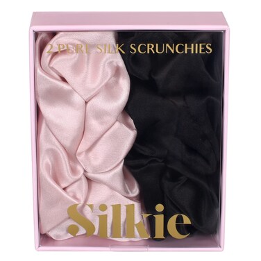 SILKIE x2 Set 100 Pure Mulberry Silk Pink Black Large Oversized Scrunchies Silk Travel Pouch Hair Ties Elastics Hair Care Premium Ponytail Holder No Damage Classic