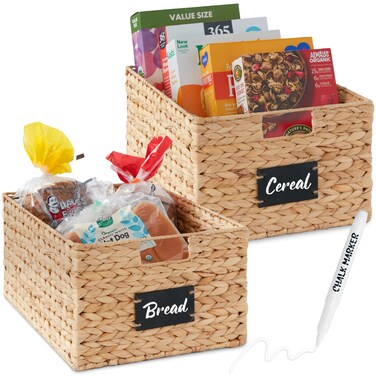 Best Choice Products Pantry Baskets Set of 2 16x12in Water Hyacinth Storage Baskets Woven Wicker Kitchen Organizers with handles wChalkboard Label Chalk Marker  Natural