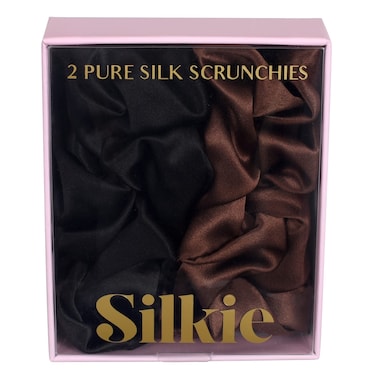 SILKIE x2 Set 100 Pure Mulberry Silk Cream Coffee Black Large Oversized Scrunchies Silk Travel Pouch Hair Ties Elastics Hair Care Premium Ponytail Holder No Damage Cocoa