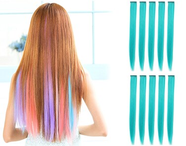 OneDor 23 Inch Colored Party Highlights Straight Hair Clip Extensions HeatResistant Synthetic Hair Extensions in Multiple Colors 10 Pcs Teal Blue
