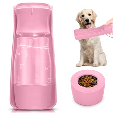 COMTENS Dog Water Bottle with Food Container  Foldable Portable Puppy Travel Water Dispenser Leak Proof Dog Water Bowl Summer Accessories for Pet Outdoor Walking Hiking Pink