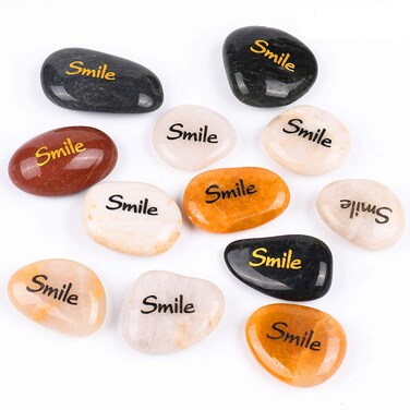 ROCKIMPACT 12PCS Smile Engraved Inspirational Stones Pocket Word Stone River Rock Zen Chakra Healing Palm Stone Positive Encouraging Rocks Happy You are My Sunshine Pack of 12 Smile