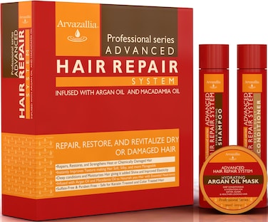 Advanced Hair Repair Shampoo Conditioner and Deep Conditioner Mask System Set for Dry or Damaged Hair with Argan and Macadamia Oil by Arvazallia  Sulfate Free