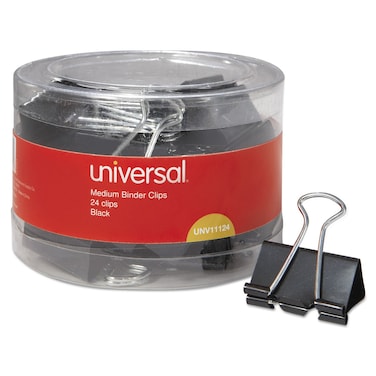 Universal UNV11124 Binder Clips with Storage Tub  Medium BlackSilver 24Pack