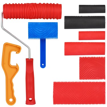 Wood Grain Tool Wood Graining Painting Tool Including 1Pc Wood Pattern Roller with Handle 7Pcs Art Paint Rubber Wood Graining Tool and 1 Pc Paint Barrel Opener for DIY Wooden Grain Furnture Wall