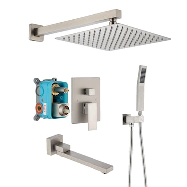 DoBrass Shower System with Tub Spout Waterfall Shower Faucet Set Complete with Preembedded Valve HandHeld Shower and 12inch Shower Head Wall Mounted Brushed Nickel
