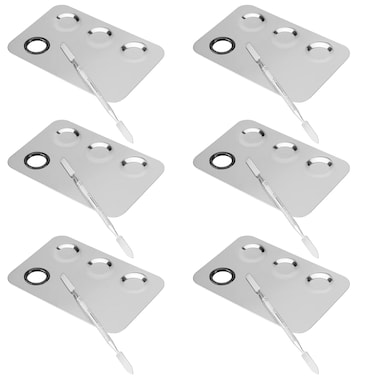 SEUNMUK 6 Pack 6 x 4 Inch Stainless Steel Cosmetic Palette with Spatula 3well Mixing Makeup Palette Nailart Mixer Metal Tray for Foundation Pigment Nail Polish Blending Silver