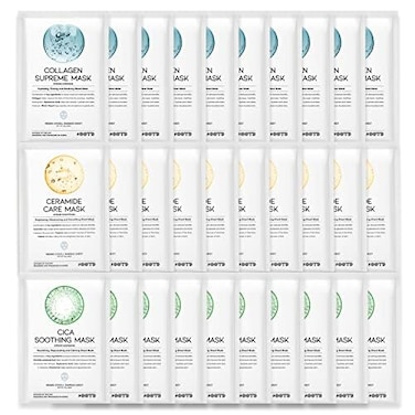 OOTD Hydrating Soothing Sheet Masks Gift Set for Skincare Korean Vegan Sheet Mask for Dry Sensitive Skin Calming Smoothing Brightening Collagen Ceramide Cica Hyaluronic Acid 30EA
