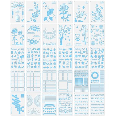 Midenco 30 PCS Bullet Journals Stencils Supplies 51x79 Inch Plastic Planner Stencil for Journaling Bujo Accessories Incl Ultimate Productivity and Monthly Seasonal Holiday Themes Stencil