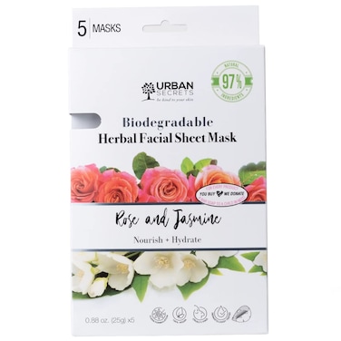 Urban Secrets 5 Pack Rose  Jasmine Herbal Facial Biodegradable Cellulose 2 in 1 Sheet Mask 25g x 5