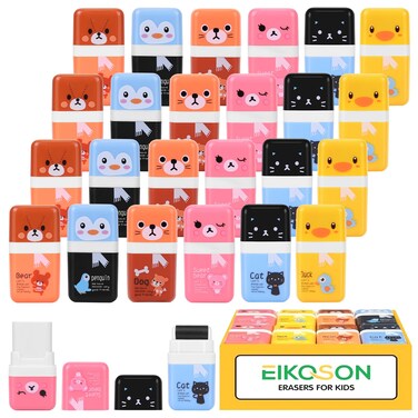 EIKOSON 24 Pack of Pencil ErasersPencil Eraser Shaving Roller Case for Easy Pick Up and Removal  Animal Themed Cute and Fun Party Favor and School Supplies for KidsBack to School Gift