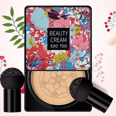 Air Cushion CC Cream Mushroom Head Foundation Beauty Cream EXO TOO BB Cream Foundation Moisturizing Long Lasting Matte Base Beauty Cream Makeup with Two Mushroom Head Sponges
