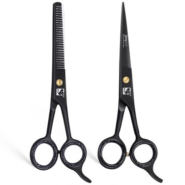 jimy 2 Pc Professional Hair Scissors Cutting Shears 65 Stainless Steel Sharp Black Smooth barber thinning scissors for women and Men