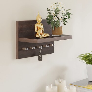 BLUEWUD Skywood Wall Mounted Key HolderKey Rack Hooks with Decor Shelf Wenge 5 Keys with Shelf