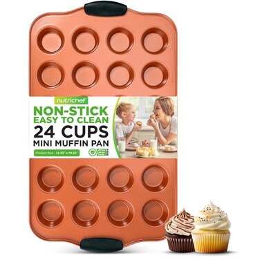 NutriChef 24Cup Nonstick Mini Muffin Pan  Heavy Duty Carbon Steel Bakeware Tray with Red Silicone Handles  Bake Mini Cupcakes Muffins  Savory Treats  16 x 10 Copper