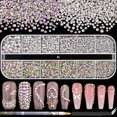 3600pcs Glass Rhinestones 182242834mm Flatback Crystal for Nail AB and Transparent White Multi Sizes Nail Gems for Nail Art Decoration Manicure with Tweezer and Pickup Pencil