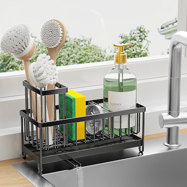 Cisily Sponge Holder for Kitchen Sink Sink Caddy with High Brush Holder Kitchen Sink Organizer Countertop Rustproof 304 Stainless Steel Soap Dispenser Kitchen Organizers and Storage Essentials