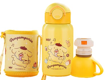 Everyday Delights Sanrio Pom Pom Purin Stainless Steel Insulated Water Bottle with Cup Straw and Bag 500ml  Yellow PN2140