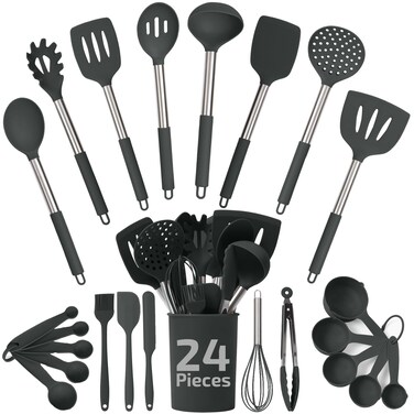 Silicone Kitchen Utensils Set  Culinary Couture 24Pieces Grey Silicone Cooking Utensils Set for Nonstick Cookware  Silicone Spatulas Set Stainless Steel Handle  Other Kitchen accessories