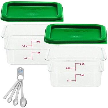 Lumintrail Cambro Polycarbonate Square 2 Quart Food Storage Container 2 Pack Clear with 2 Kelly Green Lids Bundle with a Measuring Spoon Set