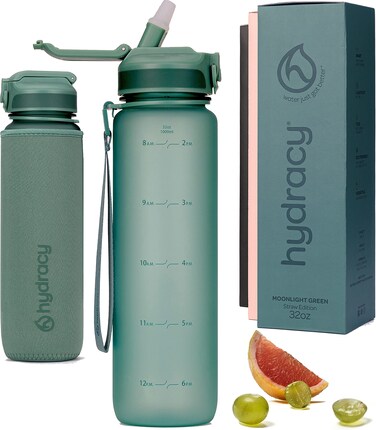 Hydracy Water Bottle with Times to Drink  Straw  Large 32 Oz BPA Free Motivational Bottle  No Sweat Sleeve Leak Proof Gym Bottle with Time Marker  Ideal Gift for Fitness Sports  Outdoors