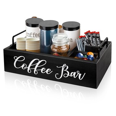 Coffee Station Organizer Wooden Coffee Bar Organizer for Countertop Coffee Bar Accessories Organizer Farmhouse Kcup Coffee Pod Holder Storage Basket with Handle  Black