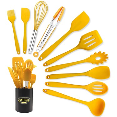 11 Piece Cooking Kitchen Utensils Set Yellow Cooking Utensils Set NonStick Silicone Spatula Set with Iron Utensils Holder Silicone Kitchen Gadgets Utensil Set Yellow
