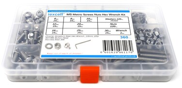 iExcell 360 Pcs M5 x 68101216202530mm Stainless Steel 304 Hex Socket Button Head Cap Screws Kit 120 Pcs Screws 120 Pcs Nuts 120 Pcs Washers 1 Pcs Hex Key Wrench