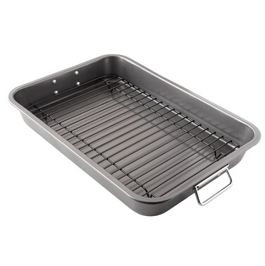 Chef Pomodoro Nonstick Carbon Steel Large Roasting Pan with Rack Turkey Roasting Pans for Oven Roaster Pan with Flat Rack Turkey Pan for Oven Roaster Pan Bakeware Grey