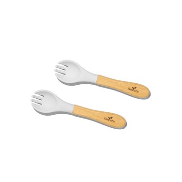 Avanchy Baby Fork Set Bamboo and Silicone Spork Utensils Toddler Baby Led Weaning Silverware Cutlery Flatware Kids First Self Feeding 2 Pack White
