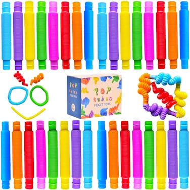 32Pack Pop Tubes Fidget Tubes for Children and Adult Sensory Fidget Toy Set for Stress and Anxiety Relief Educational Learning Toys for Kids