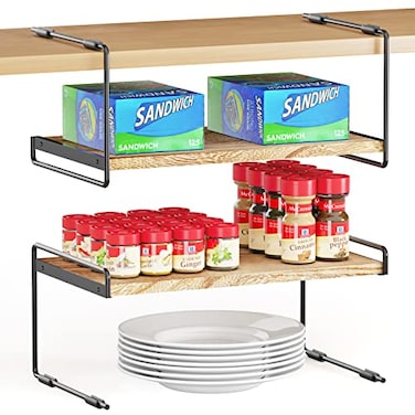 SpaceAid Cabinet Shelf Organizers 2 Pack Kitchen Counter Organizer Rack Under Shelves Riser Pantry Cupboard Storage Organization Metal and Wood Black and Natural 16 Wide