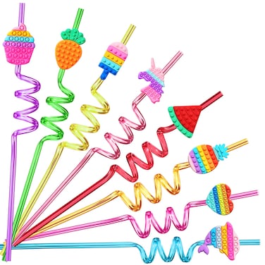 24 Pop Birthday Party Favors it Plastic Drinking Straws 8 Pop Fidget Designs Great for Pop Party Supplies with 2 Cleaning Brush