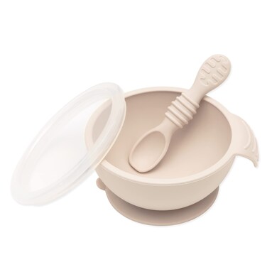 Bumkins Baby Bowl Silicone Feeding Set with Suction for Baby and Toddler Includes Spoon and Lid First Feeding Set Training Essentials for Baby Led Weaning for Babies 4 Months Up Sand
