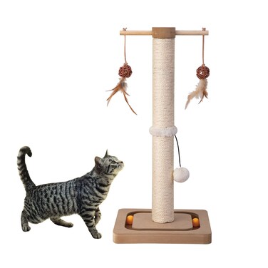 PEEKAB Cat Scratching Post Premium Sisal Scratch Posts with Tracking Interactive Toys Vertical Scratcher for Indoor Cats and Kittens 25 inches Beige