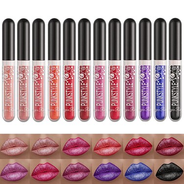 BIOKUSY 12 Colors Glitter Lip Gloss Set Black Blue Purple Matte Diamond Shimmer Metallic Liquid Lipstick Set 24 Hours Long Lasting Waterproof Glossy Lipstick Kit Halloween Makeup Gife for Women